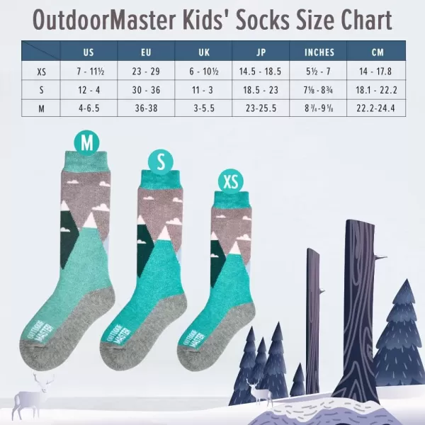 OutdoorMaster Kids Ski Socks  Merino Wool Blend Over the Calf Design wNonSlip CuffDust Gray Blue Mountains Woodland Green