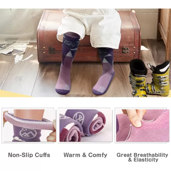 OutdoorMaster Kids Ski Socks  Merino Wool Blend Over the Calf Design wNonSlip CuffPurple Gray