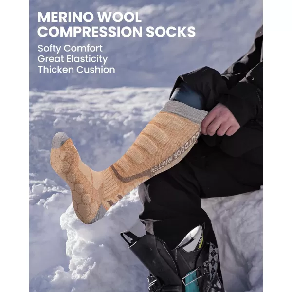 OutdoorMaster Merino Wool Ski Socks 23 Pairs Compression Over The Calf for Men amp Women Winter Snowboard Thermal SocksKhaki