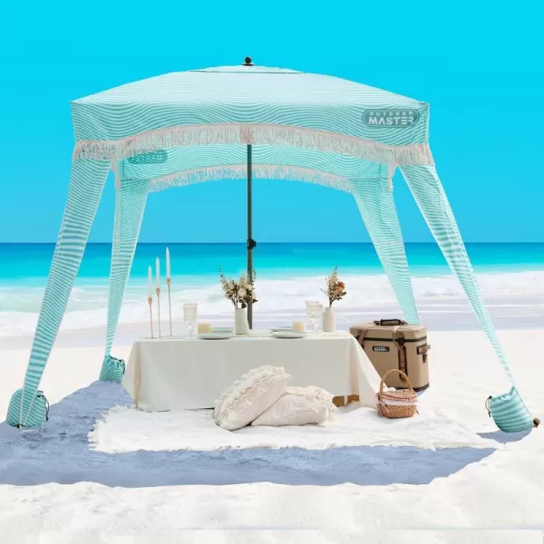 OutdoorMaster Beach Cabana with Fringe Portable 6 x 6 Beach Canopy Easy Set Up Beach Shelter Included Side Wall UPF 50 UV Protection Sun Umbrella  for Kids Family  Friends Romantic WhiteStripes