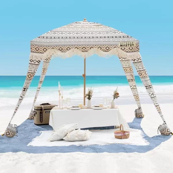 OutdoorMaster Beach Cabana with Fringe Portable 6 x 6 Beach Canopy Easy Set Up Beach Shelter Included Side Wall UPF 50 UV Protection Sun Umbrella  for Kids Family  Friends Romantic WhiteRetro Brown