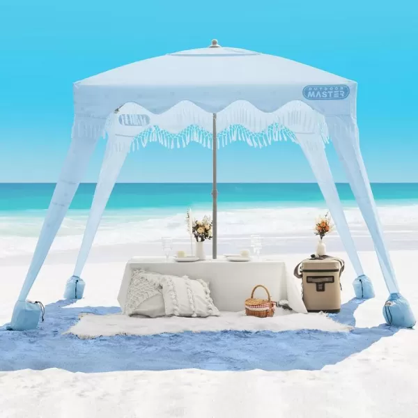 OutdoorMaster Beach Cabana with Fringe Portable 6 x 6 Beach Canopy Easy Set Up Beach Shelter Included Side Wall UPF 50 UV Protection Sun Umbrella  for Kids Family  Friends Romantic WhiteWave Point