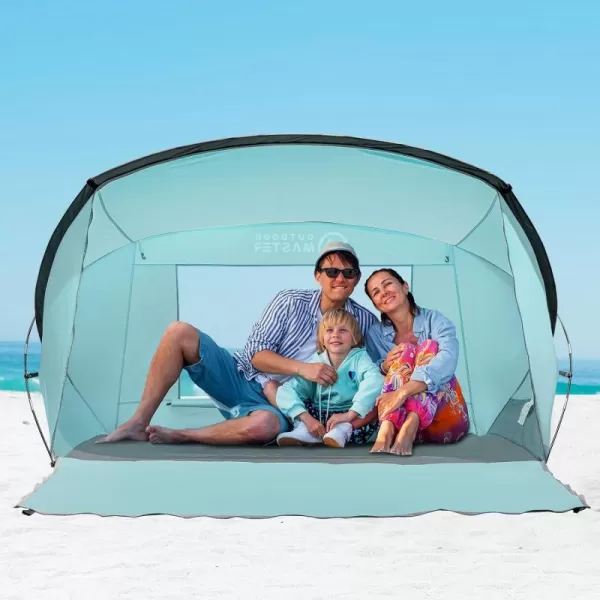 OutdoorMaster Beach Tent for 34 Person  Easy Setup and Portable Beach Shade Sun Shelter Canopy with UPF 50 UV Protection Removable Skylight Family SizeBlueGreen