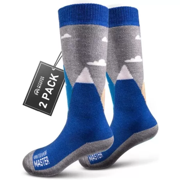 OutdoorMaster Kids Ski Socks  Merino Wool Blend Over the Calf Design wNonSlip CuffBlue Mountains  2 Pack