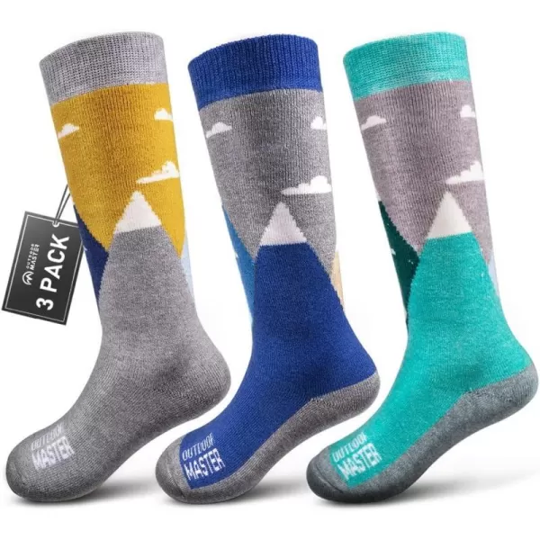 OutdoorMaster Kids Ski Socks  Merino Wool Blend Over the Calf Design wNonSlip CuffDust Gray Blue Mountains Woodland Green