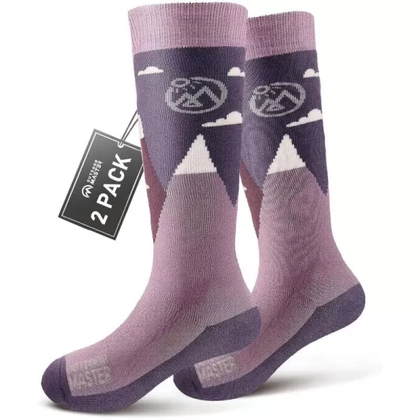 OutdoorMaster Kids Ski Socks  Merino Wool Blend Over the Calf Design wNonSlip CuffPurple Gray