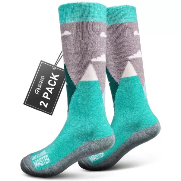 OutdoorMaster Kids Ski Socks  Merino Wool Blend Over the Calf Design wNonSlip CuffWoodland Green  2 Pack