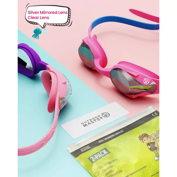 OutdoorMaster Kids Swim Goggles 2 Pack  Quick Adjustable Strap Swimming Goggles for Kids2 Packsilver Pink