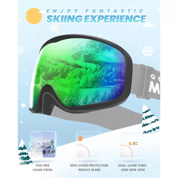 OutdoorMaster Owl Kids Ski Goggles OTG AntiFog Snowboard Goggles with 100 UV ProtectionBlack Framevlt 18 Revo Green