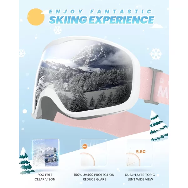 OutdoorMaster Owl Kids Ski Goggles OTG AntiFog Snowboard Goggles with 100 UV ProtectionWhite Framevlt 10 Silver Lens