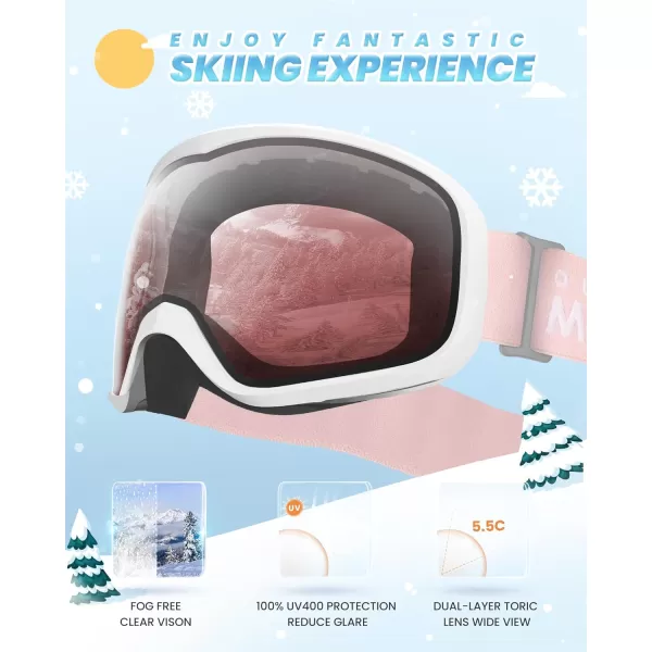 OutdoorMaster Owl Kids Ski Goggles OTG AntiFog Snowboard Goggles with 100 UV ProtectionWhite Framevlt 53 Red Lens