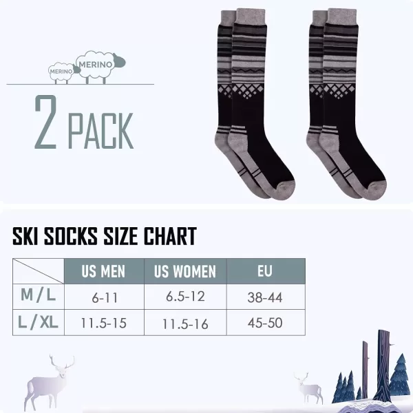 Ski Socks 2Pack Merino Wool Over The Calf NonSlip Cuff for Men amp WomenBlack