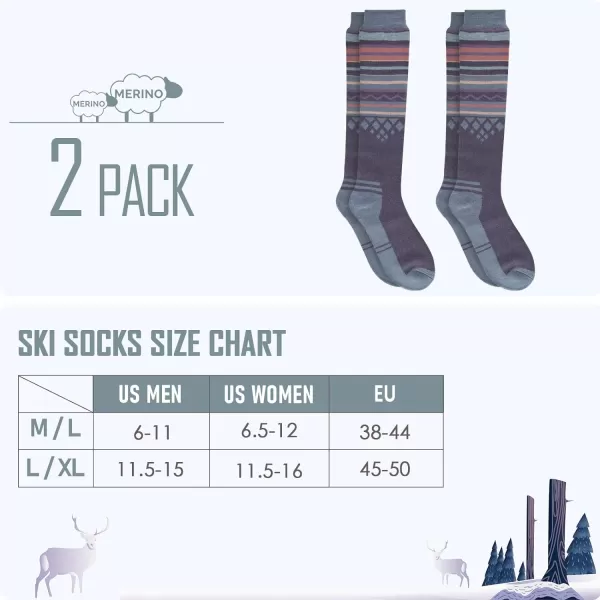 Ski Socks 2Pack Merino Wool Over The Calf NonSlip Cuff for Men amp WomenGray