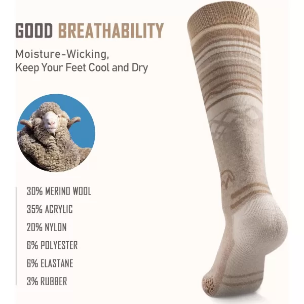 Ski Socks 2Pack Merino Wool Over The Calf NonSlip Cuff for Men amp WomenKhaki