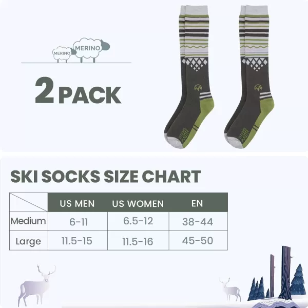 Ski Socks 2Pack Merino Wool Over The Calf NonSlip Cuff for Men amp WomenOlive Green