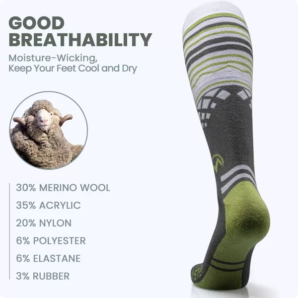 Ski Socks 2Pack Merino Wool Over The Calf NonSlip Cuff for Men amp WomenOlive Green