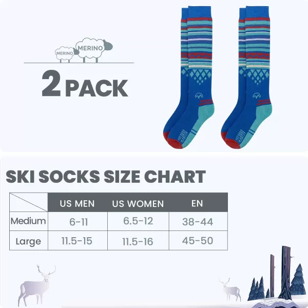 Ski Socks 2Pack Merino Wool Over The Calf NonSlip Cuff for Men amp WomenVibrant Blue