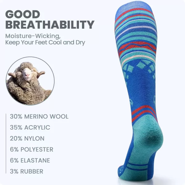 Ski Socks 2Pack Merino Wool Over The Calf NonSlip Cuff for Men amp WomenVibrant Blue