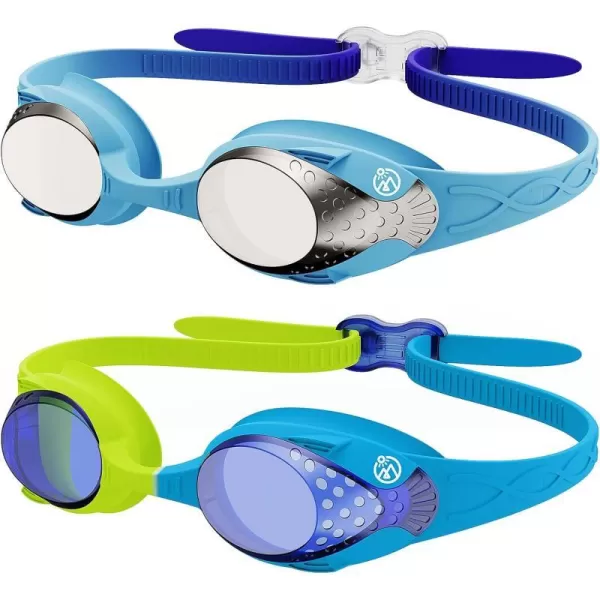 OutdoorMaster Kids Swim Goggles 2 Pack  Quick Adjustable Strap Swimming Goggles for Kids2 Packsilver Blue