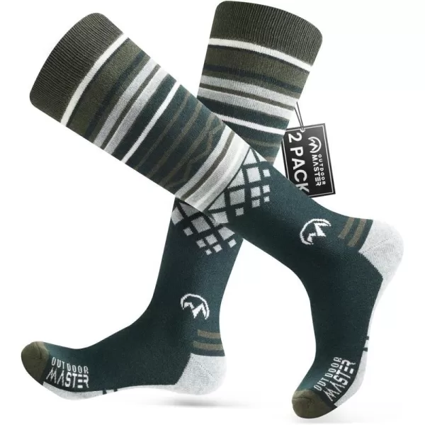 Ski Socks 2Pack Merino Wool Over The Calf NonSlip Cuff for Men amp WomenDark Green