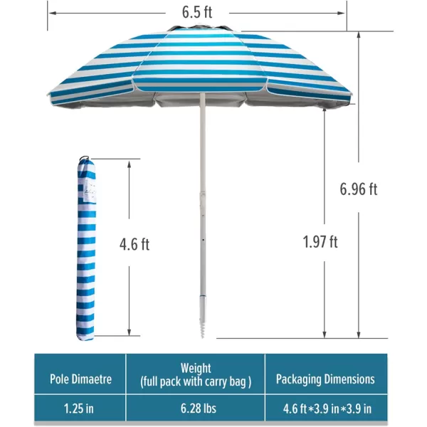 OutdoorMaster Beach Umbrella with Sand Bag  65ft Beach Umbrella with Sand Anchor UPF 50 PU Coating with Carry Bag for Patio and Outdoor  Blue StripedBlue Striped