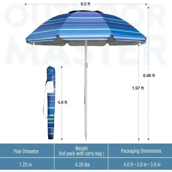 OutdoorMaster Beach Umbrella with Sand Bag  65ft Beach Umbrella with Sand Anchor UPF 50 PU Coating with Carry Bag for Patio and Outdoor  Blue StripedDark Blue Striped
