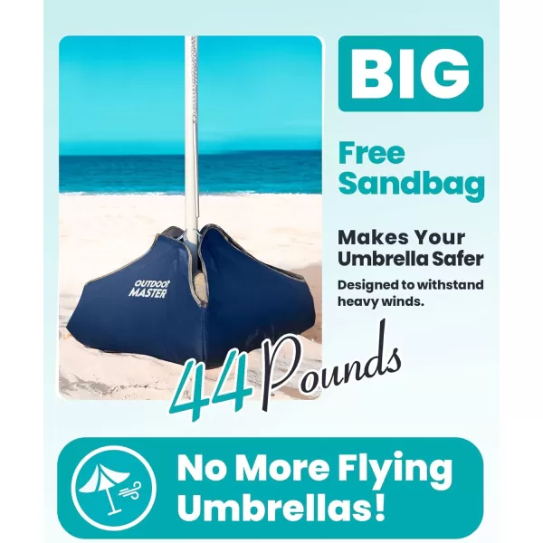 OutdoorMaster Beach Umbrella with Sand Bag  65ft Beach Umbrella with Sand Anchor UPF 50 PU Coating with Carry Bag for Patio and Outdoor  Blue StripedDark Blue Striped