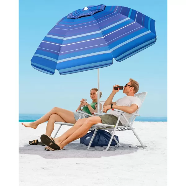 OutdoorMaster Beach Umbrella with Sand Bag  65ft Beach Umbrella with Sand Anchor UPF 50 PU Coating with Carry Bag for Patio and Outdoor  Blue StripedDark Blue Striped