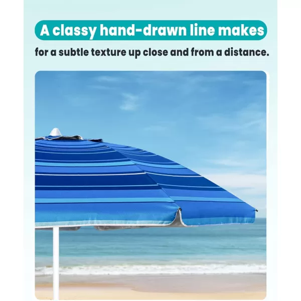 OutdoorMaster Beach Umbrella with Sand Bag  65ft Beach Umbrella with Sand Anchor UPF 50 PU Coating with Carry Bag for Patio and Outdoor  Blue StripedDark Blue Striped