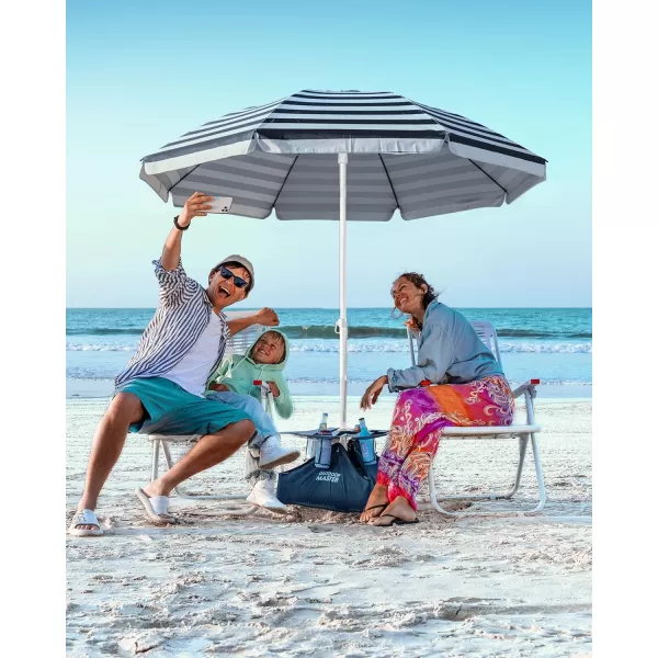 OutdoorMaster Beach Umbrella with Sand Bag  65ft Beach Umbrella with Sand Anchor UPF 50 PU Coating with Carry Bag for Patio and Outdoor  Blue StripedNew VersionNavy Striped with Cup Holder