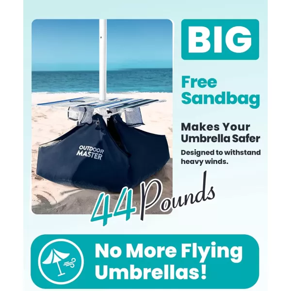 OutdoorMaster Beach Umbrella with Sand Bag  65ft Beach Umbrella with Sand Anchor UPF 50 PU Coating with Carry Bag for Patio and Outdoor  Blue StripedNew VersionBlueWhite Striped with Cup Holder