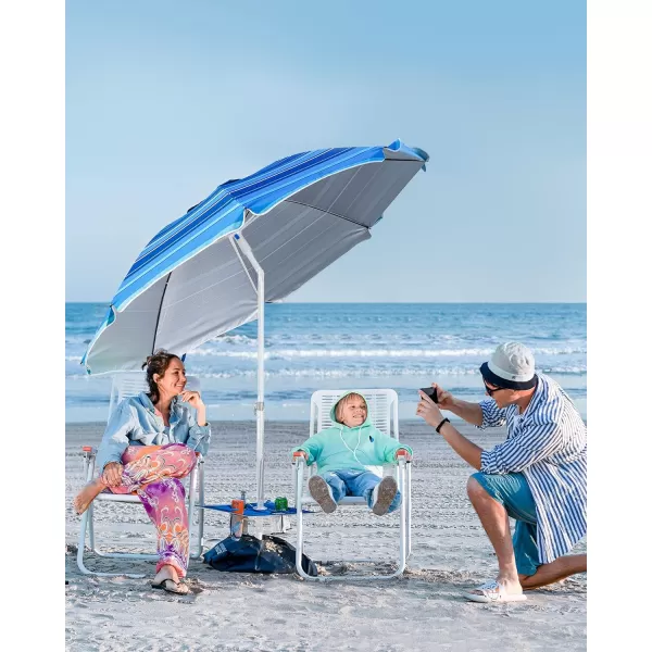 OutdoorMaster Beach Umbrella with Sand Bag  65ft Beach Umbrella with Sand Anchor UPF 50 PU Coating with Carry Bag for Patio and Outdoor  Blue StripedNew VersionDark Blue Striped with Cup Holder