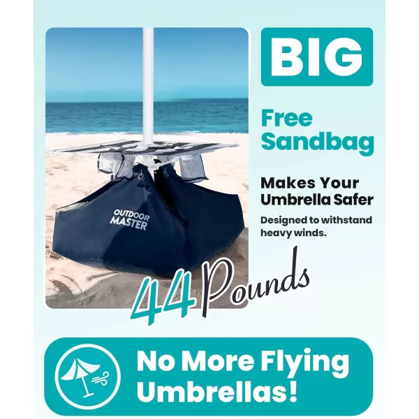 OutdoorMaster Beach Umbrella with Sand Bag  65ft Beach Umbrella with Sand Anchor UPF 50 PU Coating with Carry Bag for Patio and Outdoor  Blue StripedNew VersionNavy Striped with Cup Holder
