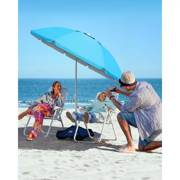 OutdoorMaster Beach Umbrella with Sand Bag and Cup Holder  65ft Beach Umbrella with Sand Anchor UPF 50 PU Coating with Carry Bag for Patio and Outdoor  New BlueWhite Striped with Cup HolderNew VersionTurquoise with Cup Holder