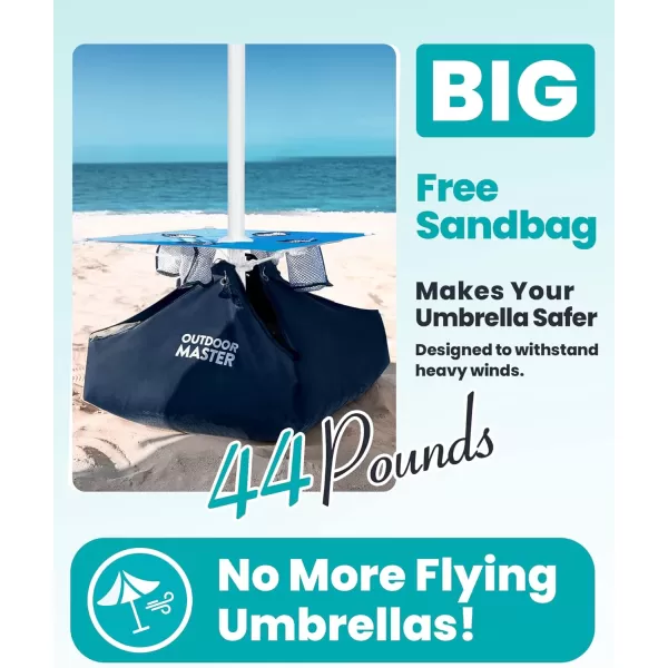 OutdoorMaster Beach Umbrella with Sand Bag and Cup Holder  65ft Beach Umbrella with Sand Anchor UPF 50 PU Coating with Carry Bag for Patio and Outdoor  New BlueWhite Striped with Cup HolderNew VersionTurquoise with Cup Holder