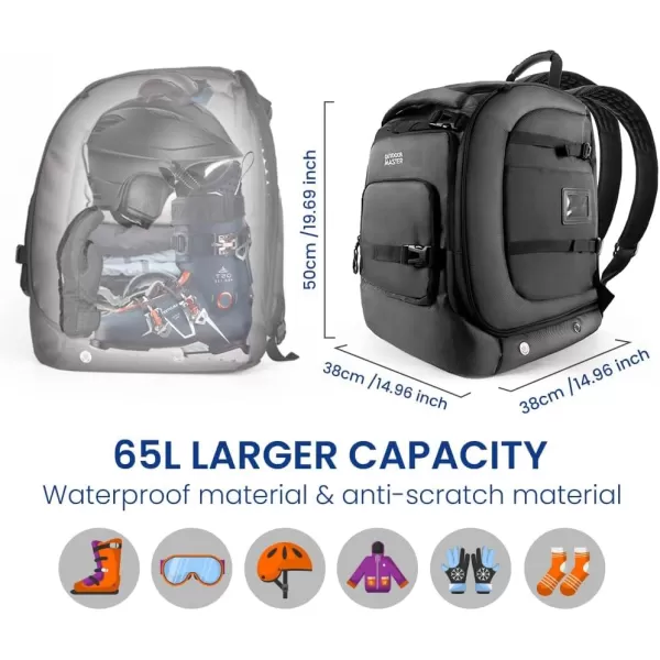 OutdoorMaster Boot Bag 65L Waterproof Ski Snowboard Boots Air Cushion Shoulder Pad Skiing Gear Bag Travel Backpack for Ski Helmets GogglesampAccessories MenampWomenDark black