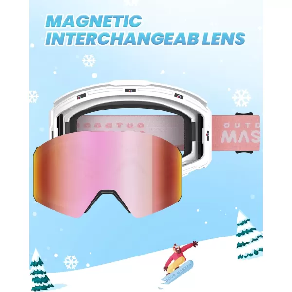 OutdoorMaster Falcon Kids Ski GogglesMagnetic Interchangeable LensAnti Fog UV Protection OTG Snowboard Goggles for YouthAwhite Framevlt 13 Revo Pink