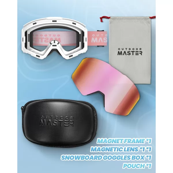 OutdoorMaster Falcon Kids Ski GogglesMagnetic Interchangeable LensAnti Fog UV Protection OTG Snowboard Goggles for YouthAwhite Framevlt 13 Revo Pink