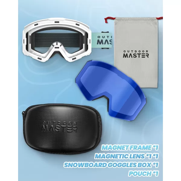 OutdoorMaster Falcon Kids Ski GogglesMagnetic Interchangeable LensAnti Fog UV Protection OTG Snowboard Goggles for YouthAwhite Framevlt 28 Blue Lens