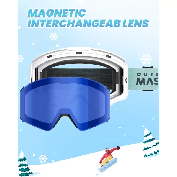 OutdoorMaster Falcon Kids Ski GogglesMagnetic Interchangeable LensAnti Fog UV Protection OTG Snowboard Goggles for YouthAwhite Framevlt 28 Blue Lens