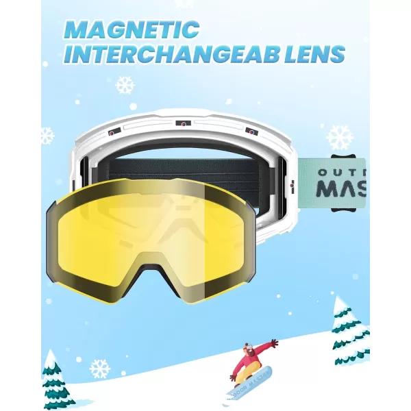 OutdoorMaster Falcon Kids Ski GogglesMagnetic Interchangeable LensAnti Fog UV Protection OTG Snowboard Goggles for YouthBvlt 75 Yellow Lens