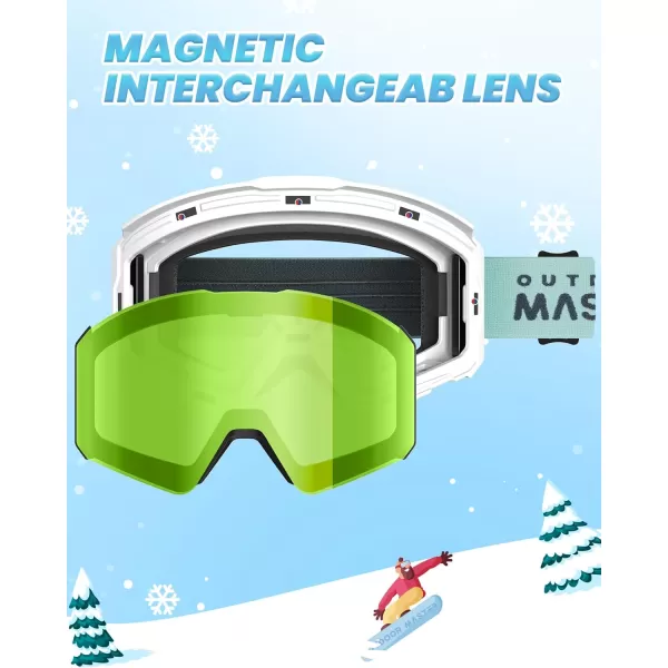 OutdoorMaster Falcon Kids Ski GogglesMagnetic Interchangeable LensAnti Fog UV Protection OTG Snowboard Goggles for YouthBvlt 80 Green Lens