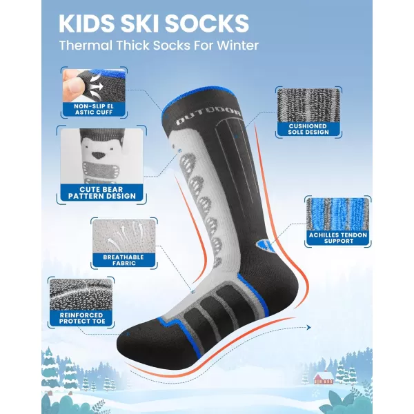 OutdoorMaster Kids Ski Socks 23Pack Merino Wool Compression Thermal Socks with Boys amp Girls Over The Calf NonSlip CuffBlack Gray