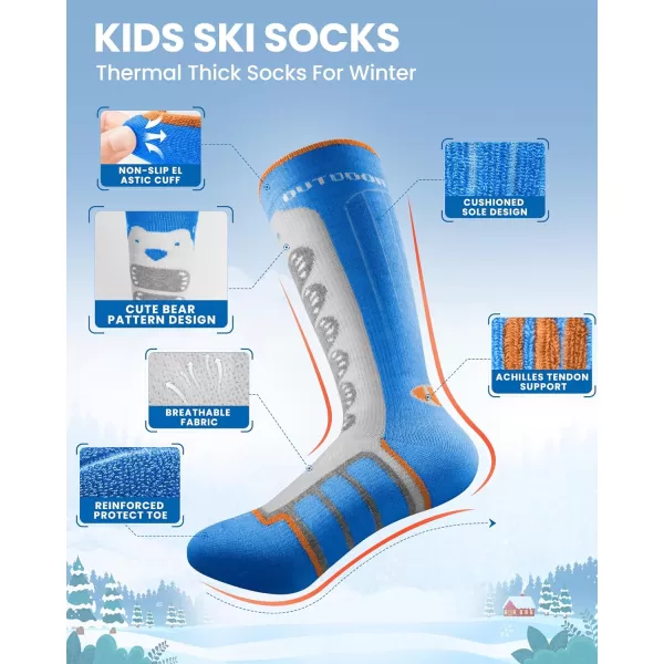 OutdoorMaster Kids Ski Socks 23Pack Merino Wool Compression Thermal Socks with Boys amp Girls Over The Calf NonSlip CuffBlue