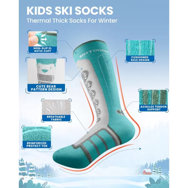 OutdoorMaster Kids Ski Socks 23Pack Merino Wool Compression Thermal Socks with Boys amp Girls Over The Calf NonSlip CuffGreen