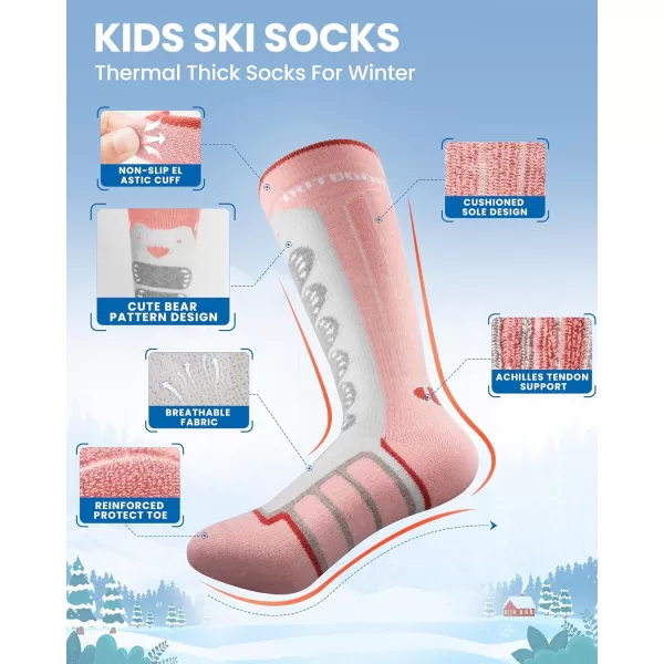 OutdoorMaster Kids Ski Socks 23Pack Merino Wool Compression Thermal Socks with Boys amp Girls Over The Calf NonSlip CuffPink