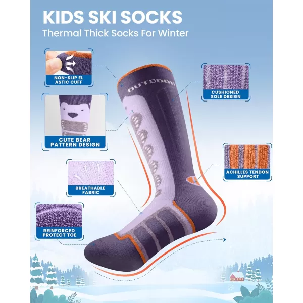 OutdoorMaster Kids Ski Socks 23Pack Merino Wool Compression Thermal Socks with Boys amp Girls Over The Calf NonSlip CuffPurple