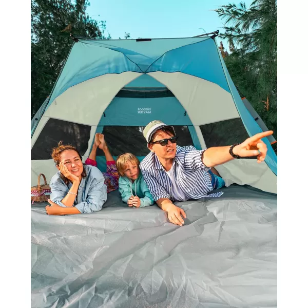 OutdoorMaster Pop Up Beach Tent for 4 Person  Easy Setup and Portable Beach Shade Sun Shelter Canopy with UPF 50 UV Protection Removable Skylight Family Size  BlueCancun Seashore XLarge