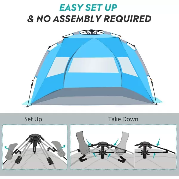 OutdoorMaster Pop Up Beach Tent for 4 Person  Easy Setup and Portable Beach Shade Sun Shelter Canopy with UPF 50 UV Protection Removable Skylight Family Size  BlueBlue XLarge