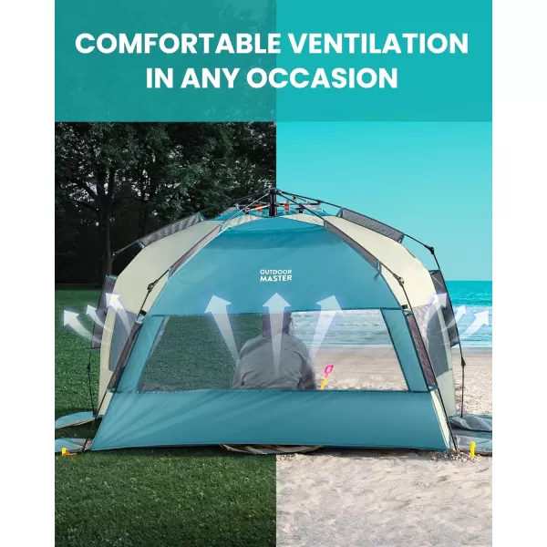 OutdoorMaster Pop Up Beach Tent for 4 Person  Easy Setup and Portable Beach Shade Sun Shelter Canopy with UPF 50 UV Protection Removable Skylight Family Size  BlueCancun Seashore XLarge